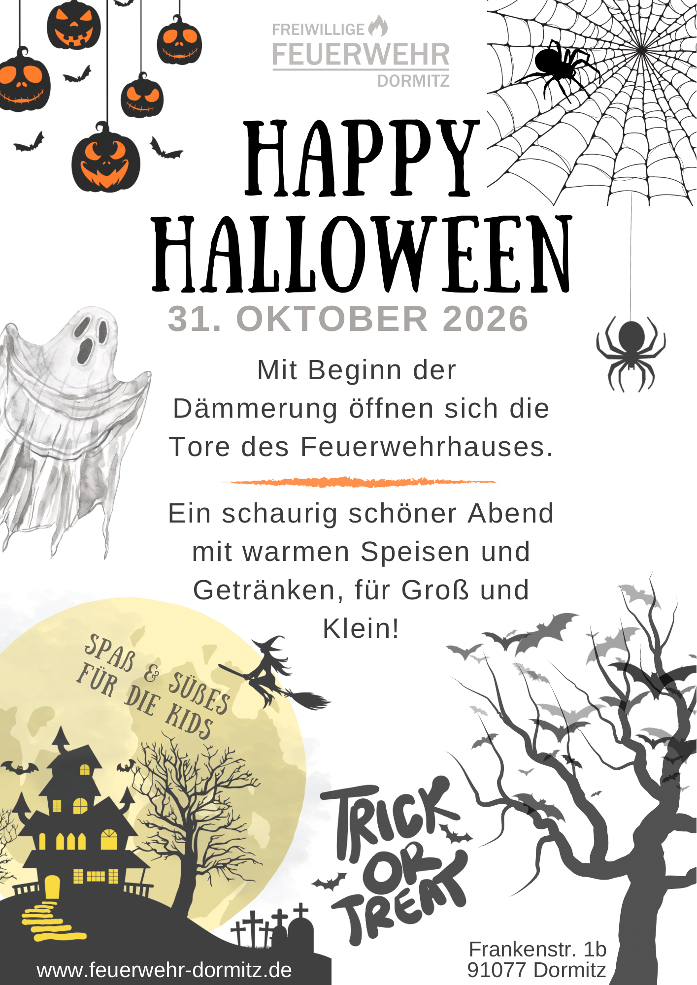 Flyer zum Halloween Event der Freiwilligen Feuerwehr Dormitz am 31. Oktober 2026 am Feuerwehrhaus